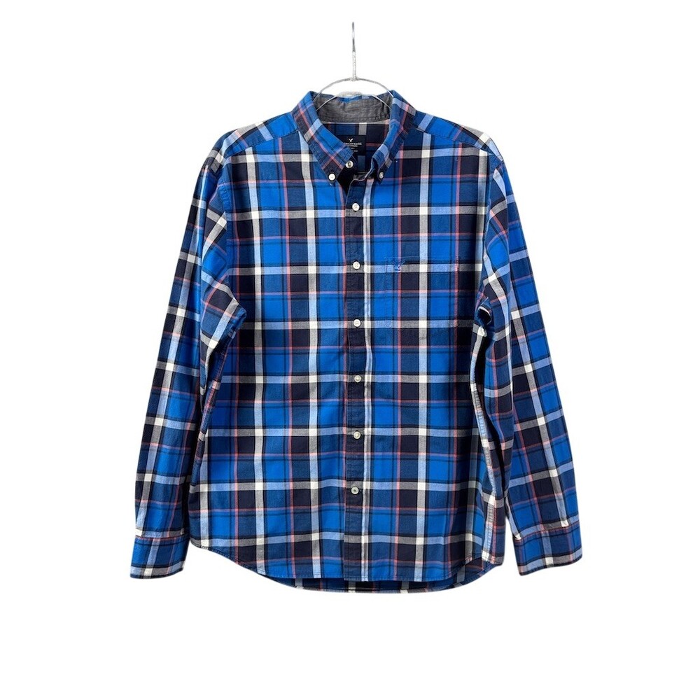 American Eagle Outfitters Shirt Mens L Blue Red Plaid Classic Fit